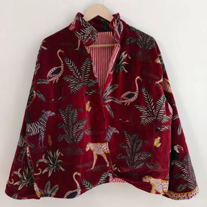 Top Selling Maroon Jungle Print <b>Velvet</b> <b>Jacket</b> Bohemian <b>Velvet</b> Quilted Coat for Parties or Travel Use Available for Factory Price - Product Image 1