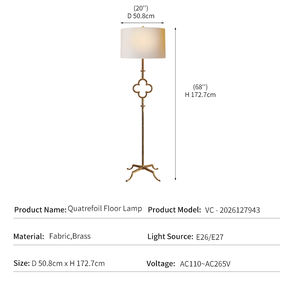 Lampada <span class=keywords><strong>da</strong></span> <span class=keywords><strong>Terra</strong></span> Vintage di Lusso per Hotel e Soggiorno, Decorazione in Metallo Dorato Antico con <span class=keywords><strong>Stelo</strong></span> <span class=keywords><strong>a</strong></span> Quadrifoglio e Paralume in Tessuto - Product Image 3