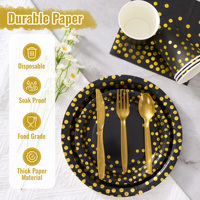 Lot de 350 Assiettes Modernes Noires à Pois Dorés, Sans BPA, Écologiques, Jetables, Compatibles Micro-ondes et Congélateur, pour 50 Invités