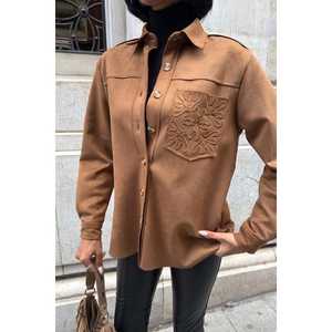 Chemise en daim tabac pour femme, décontractée, avec broderie, poche et boutons, pour tous les jours - Product Image 5