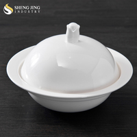 Vente en gros service en céramique personnalisé Restaurant hôtel porcelaine blanche large bord bol de service de soupe avec couvercle