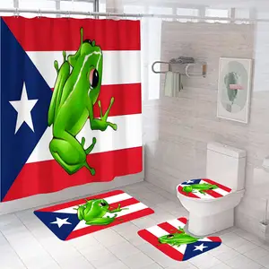 ODM, prix de gros, imprimé de grenouille drôle et drapeau portorricain, rideau de douche imperméable, ensembles de tapis et de tapis de salle de bain