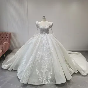 Luxury Middle Eastern Wedding Dress Can be Lined with Round Neck Long Sleeve Long Tail Bridal Wedding Dress