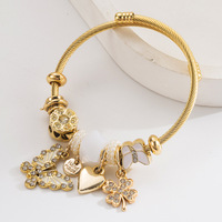Bracelet DIY transfrontalier Panjia Doraemon en acier inoxydable, design papillon, cœur, trèfle à quatre feuilles, incrusté de diamants, réglable