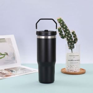 Gobelet de voyage isotherme à double paroi avec poignée, 20oz 30oz, avec couvercle et paille, base antidérapante, pour le bureau et les trajets quotidiens - Product Image 2