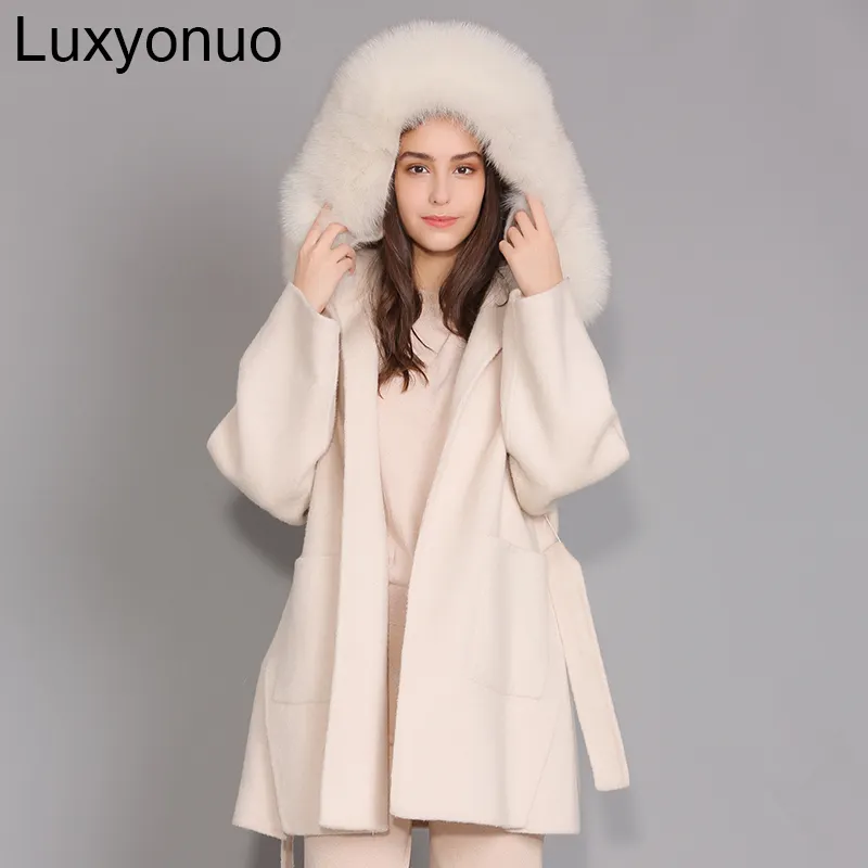 Luxyonuo-capa de Cachemira de doble cara para mujer, gabardina de lana suelta/capucha de piel de zorro decorada, abrigo largo europeo de lana para invierno