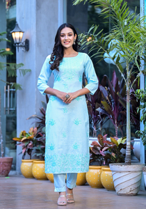 Conjunto de Kurta y Pantalón de Verano para Mujer, Diseño Bordado, Algodón, Cuello Redondo, Largo hasta la Rodilla, con Dupatta y Pantalón - Product Image 2