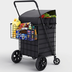 Foldable Mesh Shopping Trolley with Aluminum Alloy Frame Large Basket Rolling Wheels Side Basket Can Holder for Supermarket Use - Product Image 1