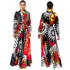 New Design Unique Printed Plus Size Long Sleeve V Neck Women Shirt Dresses For Spring