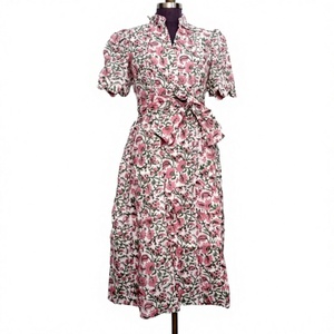 Robe midi trapèze pour femme, 100% coton tricoté, imprimé floral, col en V, manches courtes, poches, boutons, style indien fait main moderne et élégant - Product Image 1