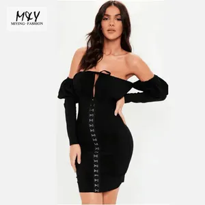 Miying High Quality Elegant Sexu Back Long Sleeve Open casual bandage Dress Women Party Cocktail Dresses