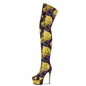 Big Size 48 Side Zipper Thigh High <b>Boots</b> Women's Stiletto Thick <b>Platform</b> Over-knee Floral Pattern <b>Boots</b> Stretchy Fabric Shoes - Product Image 4