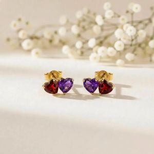 Natural <b>Garnet</b> Amethyst <b>Earrings</b> Heart Shape Red Purple Gemstone Studs <b>Earrings</b> Minimalist Gold Silver Jewelry Gift for Her - Product Image 1