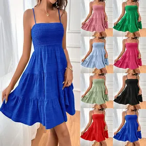 2024 Women's Summer New One line Neck Thin Sling Strap Solid Color Versatile Casual Fashion Beach Holiday Dress