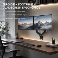Support mural double pour moniteur, robuste, ergonomique, en aluminium, compatible avec deux écrans de 13 à 32 pouces, zéro empreinte spatiale sur le bureau