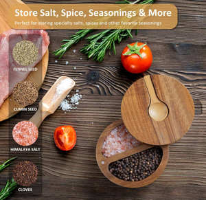 Boîte à sel en bois d'acacia à 2 compartiments multifonctionnelle et écologique de haute qualité avec couvercle et cuillère allant au lave-vaisselle fait à la main - Product Image 6