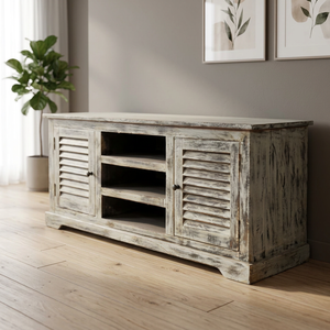 Meuble console rustique en bois avec portes à volets et étagères ouvertes pour le rangement du salon, armoire de classement - Product Image 1