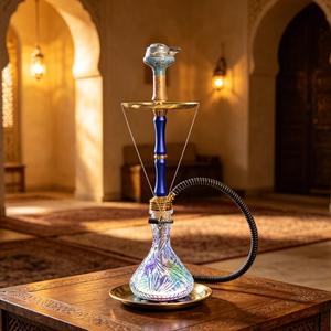 Blue Glass Hookah Modern Shisha Pipe Gold Tone Metal Base Clear Carved Bottle Lounge <b>Bar</b> Use - Product Image 5