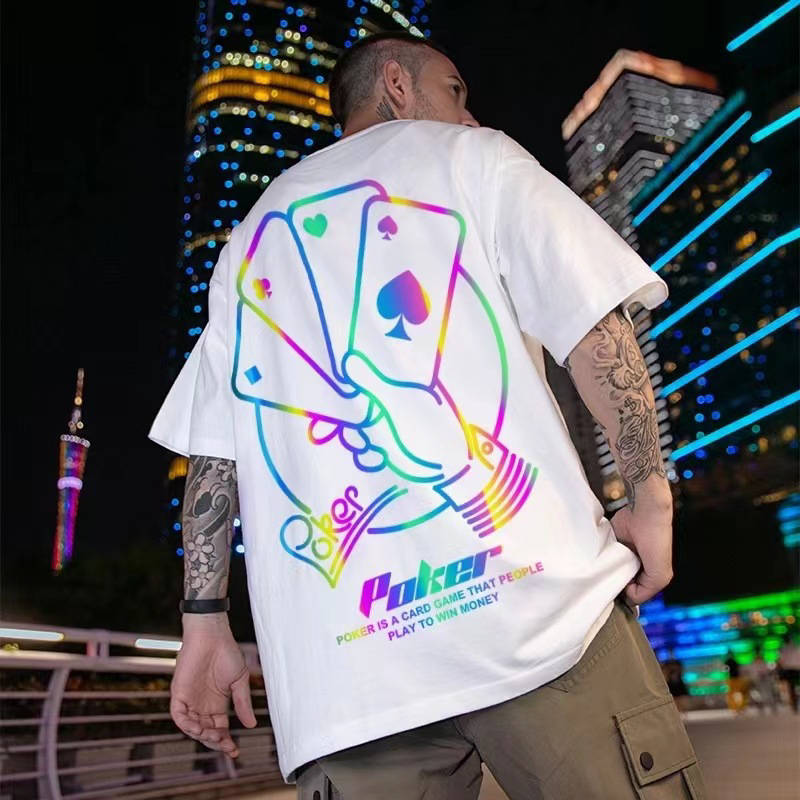 Camisetas con estampado gráfico de reflexión de arco iris personalizado, camiseta de vinilo reflectante colorida, camiseta reflectante holográfica