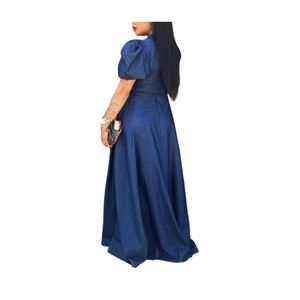 Vestido Maxi Casual de Lino y Mezclilla con Cuello Redondo y Manga Abullonada de Color Liso para Mujer - Novedad al por Mayor - Product Image 3