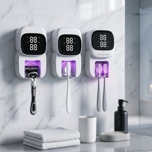 Sterilizzatore UVC per Spazzolini da Denti con Montaggio a Parete, Orologio LED a Induzione, Asciugatura ad Aria Calda, Ricaricabile 1800mAh, Portaspazzolini da Bagno - Product Image 1