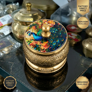 Handcrafted Traditional Brass Decorative <b>Small</b> Round Jewelry Trinket <b>Box</b> Ornate Metal Kumkum Sindoor Dani Brass <b>Box</b> - Product Image 1