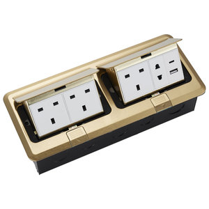 Boîtier de <span class=keywords><strong>prise</strong></span> de sol escamotable doré brossé en acier inoxydable, double <span class=keywords><strong>prise</strong></span> britannique, USB-C à charge rapide, étanche IP44, électrique - Product Image 1
