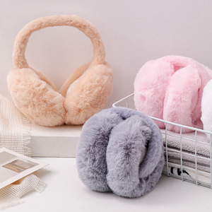 Orejeras de piel de conejo sintética, calentadores de orejas plegables y cálidos para invierno, para mujeres, estudiantes, uso en interiores, color gris, rosa, color polvo - Product Image 1