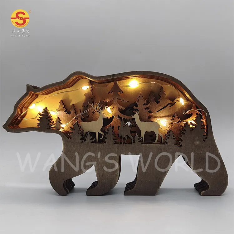 Christmas Wooden Bear Elk Animal Led Light 3D Wood Hollow Carving Night Light Animal