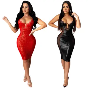 Fashionable Sexy Bodycon Nightclub Style Dress Lace Fabric Gallus Girl Party Evening Dresses