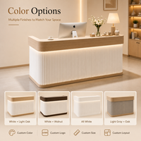 Comptoir de réception moderne à coins arrondis avec LED, surface douce cannelée en MDF, bureau d'accueil personnalisé pour salon de beauté, institut de manucure, clinique