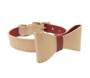 Dog Collar Genuine Leather Bowknot Ribbon Padded Customizable Pink All Colors High Quality Luxury Dog and Pet Accessories