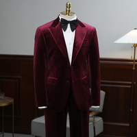 Costume de smoking luxueux en velours bordeaux Isirhonour pour homme, revers pointu, coupe ajustée, ensemble 2 pièces pour marié, mariage, dîner, blazer et pantalon
