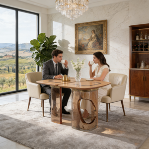 Mesa de Comedor de Lujo con Cubierta de Madera y Base de Resina de Vidrio Transparente, Muebles Modernos Minimalistas para Hogar y Restaurantes de Alta Gama - Product Image 2
