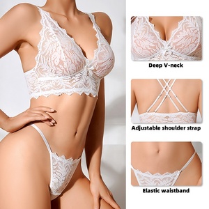 Crisscross Back Straps Lingerie Set Sheer See-Through Wireless Bra &amp; Brief Sets Sexy Lace Trimmed Bralette For <strong>Women</strong> - Product Image 3