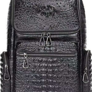 Sac à dos pour ordinateur portable Boshiho pour homme, style vintage, en cuir de crocodile, sac de voyage tendance, sac à dos de jour en toile imperméable, cuir de vachette - Product Image 6