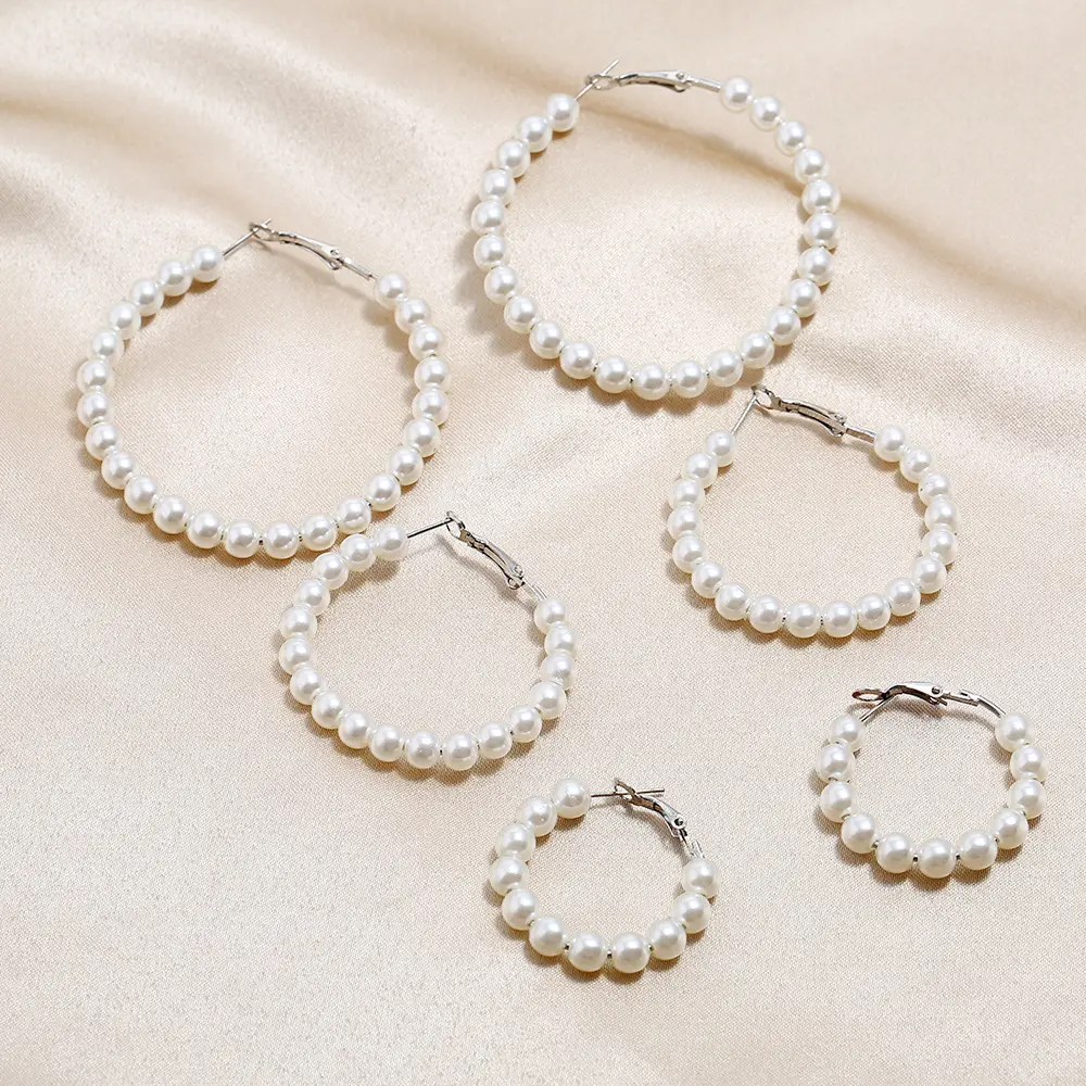 Pendientes de aro con perlas de imitación, redondos y grandes, 58mm, chapados en plata elegante