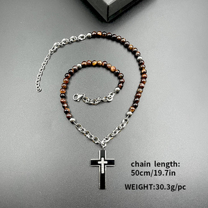 Fatingna Kreuz und Perlen Stein Tigerauge Perlen Rosenkranz Halskette Edelstahl Naturstein Perlen Lange Halsketten für Männer - Product Image 6