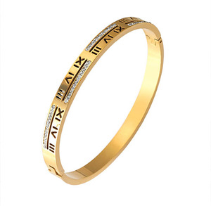 थोक स्टेनलेस स्टील सुरुचिपूर्ण न्यूनतम ब्रैसलेट 18k सोने की प्लेटेड डायमंड फैशन रोमन अंक भिंगल गहने - Product Image 5