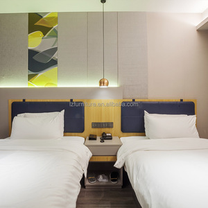 Hotel Double Twin <b>Bed</b> Custom King <b>Queen</b> <b>Size</b> Low Cost Wood <b>Bed</b> <b>Frame</b> with Headboard & Integrated Nightstand for Budget Hotels - Product Image 2