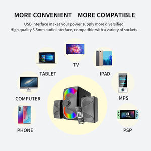 Haut-parleur multimédia professionnel 2.1 Hi-Fi, audio surround actif, caisson de basses, lumière LED, portable, USB, AUX, RCA, bois, alimentation DC/AC - Product Image 5