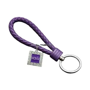 NCNW Purple Braided PU Leather Handbag Metal Keychains Stainless Steel Square Pendant Key Ring Sleeve Wristlet Lanyard Key Gift
