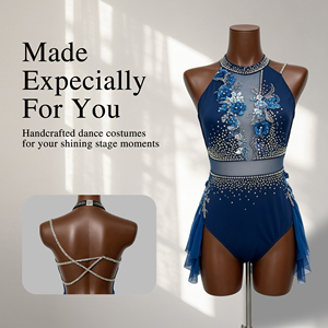 Robe de danse lyrique bleu foncé avec strass floraux et dos nu pour filles, idéale pour la compétition et les spectacles, en Spandex/Polyester - Product Image 1