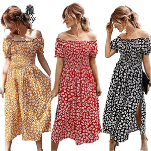 Mandy 2023 Moda Casual Fora Do Ombro Plissado Vestido Floral Senhoras Verão Impresso Manga Curta Elegante Vestido Midi das Mulheres