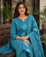 Ensemble Kurta, pantalon et dupatta pour femme, en coton élégant, séchage rapide, confortable, pour usage quotidien, tenue ethnique, col doux, tissu respirant, coupe classique