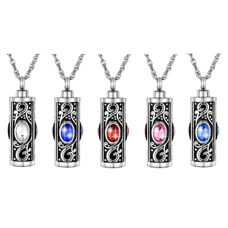 Crystal cremation urn keepsake memorial stainless steel cylinder pendant necklaces jewelry for ashes with flower