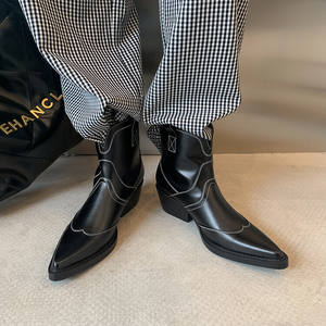 Cialisa-zapatos de diseñador de cuero genuino para mujer, <span class=keywords><strong>botas</strong></span> de tacón medio grueso con punta estrecha, botines de vaquero occidental, color blanco, Otoño e Invierno - Product Image 4