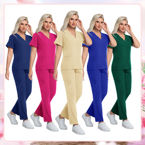 Unisex <b>Scrub</b> Set Short Sleeve Solid Color Work Uniform For Hospital Nurses Beige Green Rose Red Navy <b>Blue</b> <b>Blue</b> Size S XXL - Product Image 5