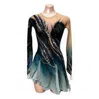 Robe de patinage artistique en spandex/nylon avec dégradé noir et bleu sarcelle et strass, dos profondement ouvert, pour filles et enfants, performance de danse sur glace