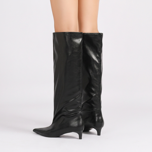 Wholesale <b>Knee</b>-<b>High</b> Boots Factory Direct Women Black Soft Leather Pointed Toe Kitten Heel Draped Wide Shaft Relaxed Long Boots - Product Image 6